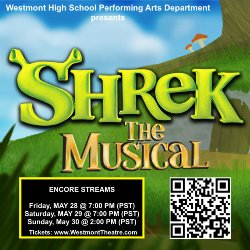 Flyer for Shrek, The Musical with days and times and QR code for tickets.